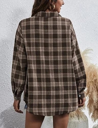 HangNiFang Womens Flannel Plaid Shirts Oversized Button Down Shirts Blouse Tops - Medium - Coffee thumbnail 5