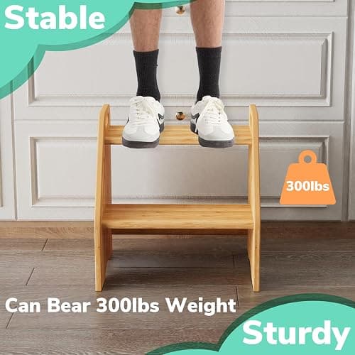 AMBIRD Wooden Step Stool, 15.75'' H Potty Training Toddler 300 lbs Capacity with Safety Non-Slip Pads and Handles, Kitchen Step Stools for Kids, Bamboo Step Stool for Bathroom, High Beds (Natural) thumbnail 6