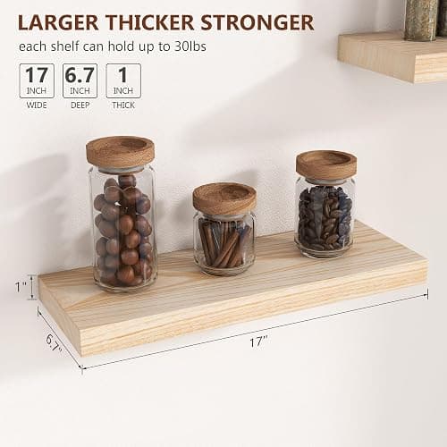 fuqing Natural Wood Floating Shelves - Wood Floating Shelves for Wall Set of 3-17 Inch Wide x 6.7 Inch Deep Natural Wooden Shelves for Living Room Bedroom Home Office thumbnail 3