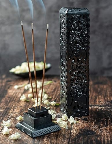 Crocon Black Marble Soapstone Incense Stick Burner Square Shape Leaf & Half Wheel Carving Tower Burner | Tea Light Candle Holder | Decorative Home & Kitchen Size - LxWxH 3X3X11 Inch thumbnail 8