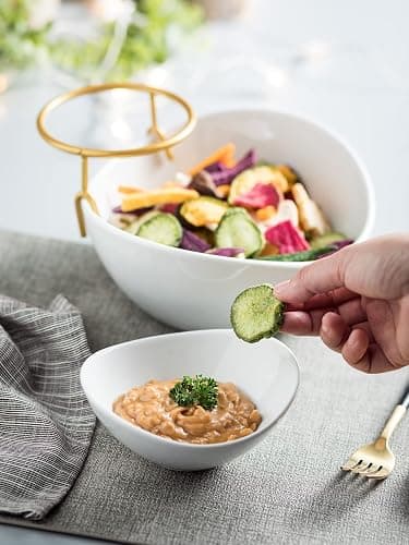 Miamolo Porcelain Serving Bowl Set for Appetizer Serving Dishes Set with 2 Compartment, Chip and Dip Taco Rack Display Salad Bar Serving Set, Gold Stand thumbnail 6