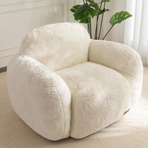 MAXYOYO Bean Bag Chair, Comfy Pebble Shaped Single Bean Bag Sofa for Adults, Stuffed Floor Sofa with Supportive Backrest & Armrests, Modern Faux Fur Accent Chair for Living Room & Bedroom, Beige - Standard - Beige - Image 1