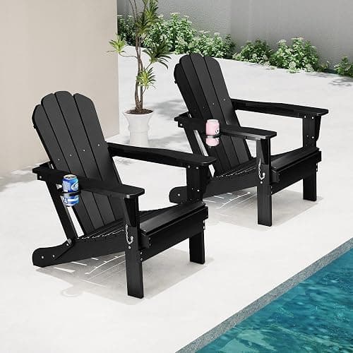 Domi Folding Adirondack Chair Set of 2, HDPE All-Weather Adirondack Chairs with Cup Holder, Outdoor Plastic Fire Pit Chairs Wood Texture for Poolside, Patio, Backyard, Deck (Black) thumbnail 9