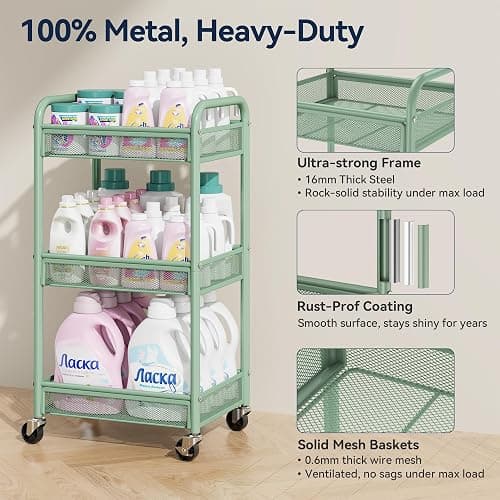 YASONIC 3 Tier Metal Rolling Cart, Green Utility Storage Cart with Wheels | Metal Mesh Craft Cart With Hooks & Hanging Cups, Ideal For Kitchen, Bathroom, Office, Dorm, Art Workspace, Bedside Storage thumbnail 3