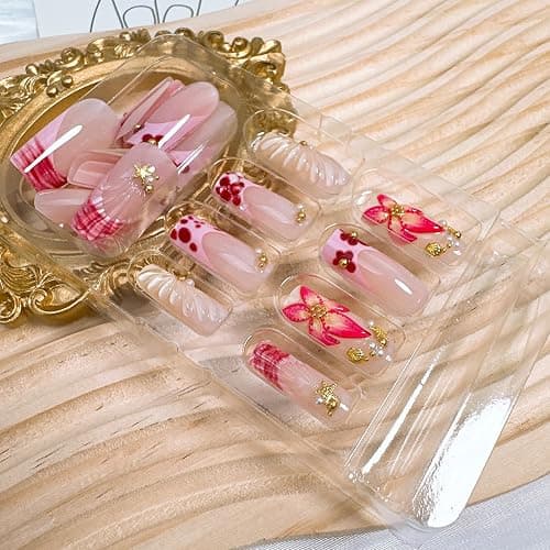 24Pcs Summer Press on Nails Medium Square Fake Nails with Pearl Rhinestones Designs Gold Starfish Seashell Glue on Nails 3D Flower Acrylic Nails Beach False Nail French Tip Stick on Nail for Women thumbnail 5