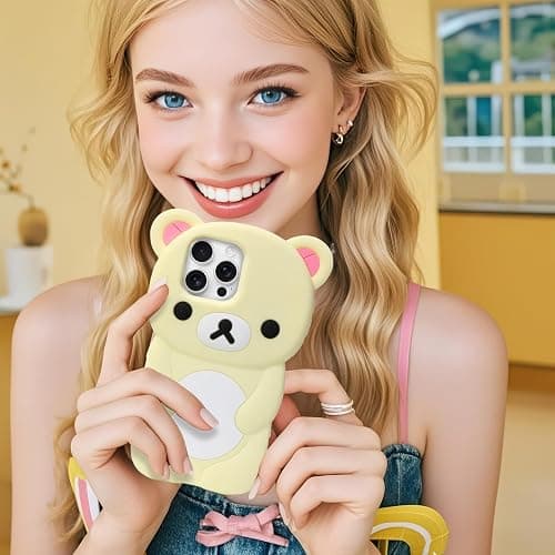 IAIYOXI Soft Silicone Bear Case for iPhone 15 Pro, Cute 3D Cartoon Teddy Bear Designed, Protective Lovely Fun Adorable Fashion Phone Case, Kawaii Cover for Women Girls Kids, Yellow thumbnail 8