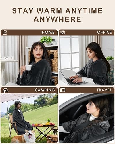 MIMYTH Cordless Heated Blanket, Cozy Portable Heated Blanket Battery Operated w/Hoodie, 3 Temp, 20000 mAh, Camping Wearable Heating Blanket for Car, Heated Throw Cordless thumbnail 6