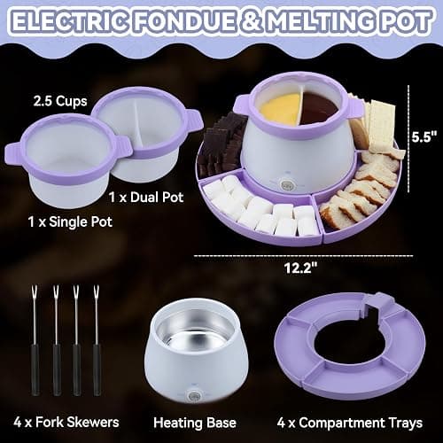 Party Desserts Electric Fondue Pot Set with 2 Pots, Melting Chocolate Warmer for Dipping, Candy & Chocolate Melting Pot, Fondue Pot Electric Set, Fondue Forks Included, 2.5 Cups, Lavender thumbnail 2