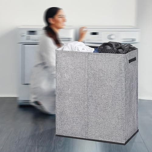 DOKEHOM 150L Double Laundry Basket with Lid and Removable Laundry Bags, Large Collapsible Laundry Hamper with 2 Sections for Bedroom, Bathroom, Laundry Room, Colloge (Grey) thumbnail 2