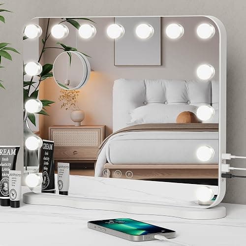 Hollywood Vanity Mirror with Lights, 58×45cm Large Lighted Makeup Mirror with 15 Dimmable LED Bulbs, 3 Lighting Modes, Smart Touch Control, Tabletop and Wall Mounted for Bedroom, USB/Type C Output - Image 1