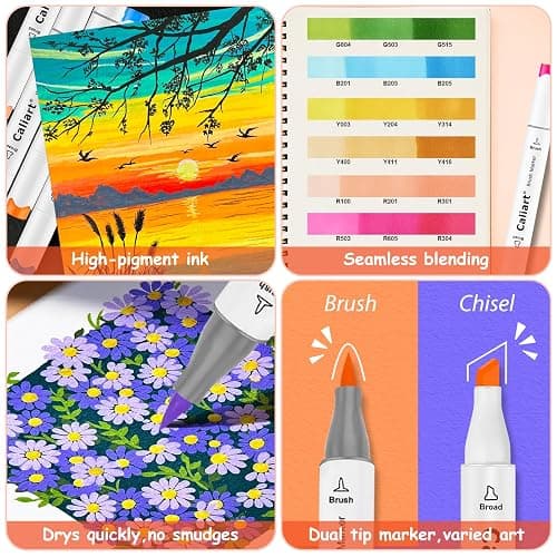 Caliart Alcohol Markers Brush Tip - 121 Colors Dual Tip Art Markers Set for Adult Coloring Books Artist Drawing Illustration Sketching, with Case Permanent Alcohol Based Colored Chisel & Brush Pens thumbnail 4
