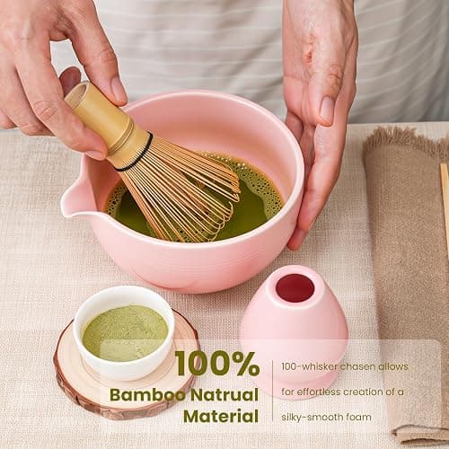 Matcha Whisk Set, Handcrafted Bamboo Chasen & Ceramic Bowl Matcha Kit,Complete 5 Pcs Pink Matcha Set Whisk and Bowl W/Stainless Steel Sifter,Bamboo Scoop & Holder for Matcha Tea Ceremony(Sakura Pink) thumbnail 5