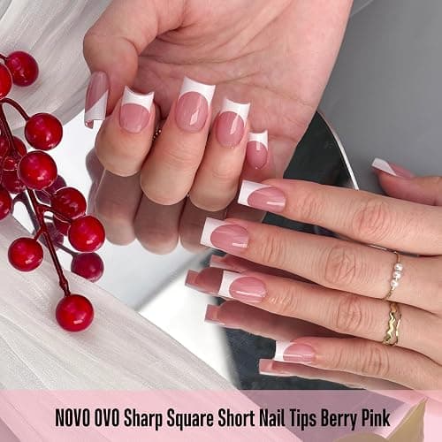 NOVO OVO Short Sharp Square White French Tip Nail Tips Press on BERRY PINK, Need Builder Gel Top Coat Nail Glue,Soft Gel Fake Nail Extension, Full Cover False Nails for Salon DIY x15 Sizes 240 pcs thumbnail 3