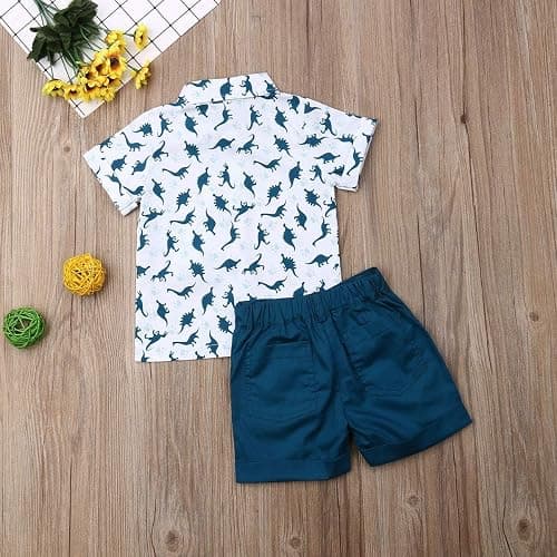 fhutpw Baby Toddler Boy Outfits 2T 3T 4T 5T Clothes Summer Kids Pattern Short Sleeve Button Down Shirt & Shorts Set thumbnail 3