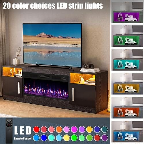 VITESSE Fireplace with TV Stand 36" inch Electric Fireplace Up to 80" TVs, LED Light Entertainment Center, 70" Modern Wood High Gloss with Highlight Storage Cabinet for Living Room (Black) thumbnail 5