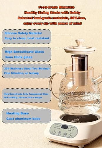 Electric Glass Teapot with Digital Display, Clear Ribbed Design, Temperature Control, Heating Base thumbnail 6