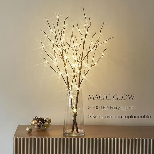 BAOLITVINE Lighted Willow Branches with Timer Battery Operated 100 LED Fairy Lights, Brown Twig Branches 32IN for Home Bedroom Fireplace Christmas Decoration Inside Outdoor thumbnail 4