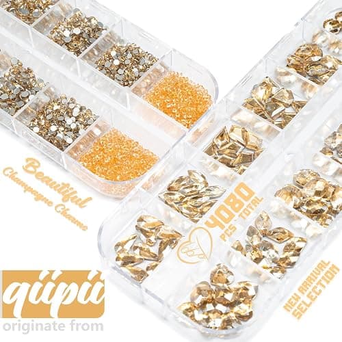 qiipii 4080Pcs Gold Nail Rhinestones, More Quantity 1.5-4mm Mini Flatback K9 Glass Crystal & 3D Multi Shapes Gems, Champagne Gold Gems Round Stones Diamonds jewels Gemstones for Nail Face Eyes Makeup thumbnail 6