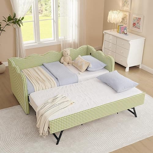 KEIKI Twin Size Upholstery Daybed with Trundle and USB, Twin to King Design Adorable Wave Shaped Extendable Linen Sofa Bed, Easy Assembly, No Box Spring Required, for Living Room and Bedroom, Green - Image 1