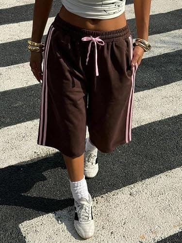 Faretumiya Women Baggy Capri Sweatpants Side Stripe Bermuda Shorts | Y2k Camouflage Knee Length Shorts Striped Drawstring Waist Wide Leg Long Sweat Shorts Athletic Lounge Streetwear thumbnail 3