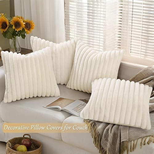 decorUhome Set of 4 Faux Fur Throw Pillow Covers 18x18 Inch Decorative Farmhouse Modern Soft Plush Striped Couch Pillow Covers with Velvet Back for Sofa, Bed, Living Room, Cream White thumbnail 4