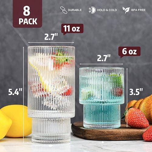 8 Pcs Ribbed Drinking Glass, 4pcs 11 oz & 4 pcs 6oz Vintage Ribbed Glassware with Cleaning Bottle Brushes, Iced Coffee Glasses, Glass Tumbler, Ribbed Highball Glasses for Ideal Gift thumbnail 2