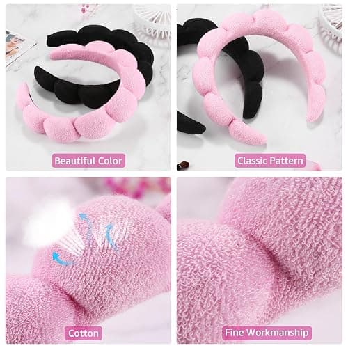 Ztomine Spa Headbands for Washing Face or Facial, Set of 2 Skincare Headbands, Terry Cloth Headband Wash Combo Pack - Puffy Makeup Washing, Mask, Skin Treatment (Black & Pink) thumbnail 5