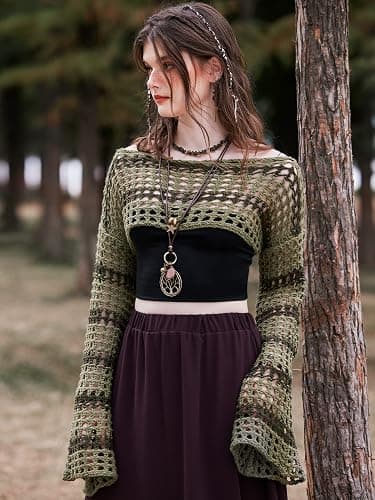 WDIRARA Women's Crochet Crop Tops Hollow Out Knit Shrugs | Y2k Long Bell Sleeve Crop Sweater thumbnail 3