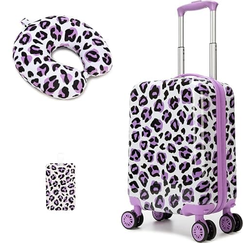 Inprof Kids Luggage with Spinner Wheels Carry on Suitcases for Girls 2 Piece Luggage Sets 16" Toddler Suitcase for Kids Rolling Suitcase Airline Approved (Purple Leopard) - Image 1