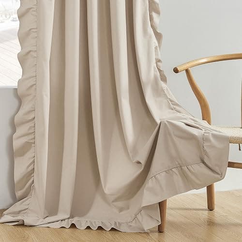 Beige Ruffle Curtains 84 Inches Long 2 Panels Suede Fabric Light Tan Farmhouse Curtains for Living Room Bedroom Rod Pocket Light Filtering Shabby Chic Window Curtains for Girls Nursery Room, 52x84 thumbnail 4