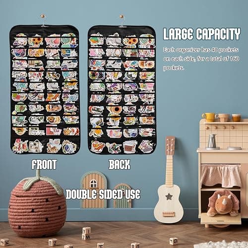 Monciysn 2 Pack Hanging Sticker Display, Double-Sided 80 Pockets Wall Hanging Sticker Organizer Storage, Sticker Holder for Vendor Events and Trade Shows (Black) thumbnail 6