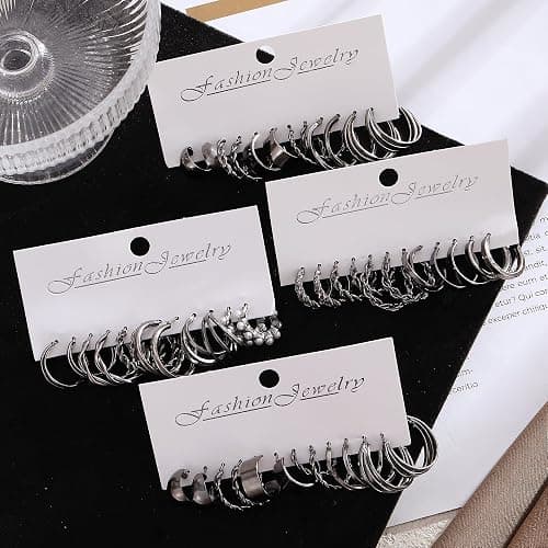 16-24 Pairs Gold Silver Black Earring Set for Women, Chunky Earring Multipack Punk Trendy Big Small Stud Hoop Earring Lightweight Twisted Pearl Ear Pack For Daily Birthday Party Gift thumbnail 2