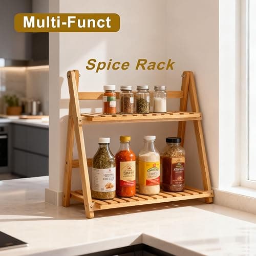 HORIBND Coffee Station Organizer, Matcha Station, Foldable Bamboo Mug Holder for Countertop, Tea & Coffee Bar Accessories, 2 Tier Shelf for Kitchen Counter Organizer, Matcha Stand, Spice Rack thumbnail 7