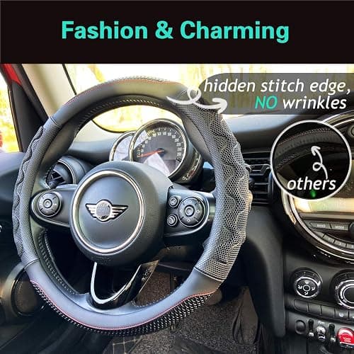 PINCTROT Steering Wheel Cover Great Grip with 3D Honeycomb Anti-Slip Design, Universal 14.5-15 Inch (Black/Red Stitch) thumbnail 2