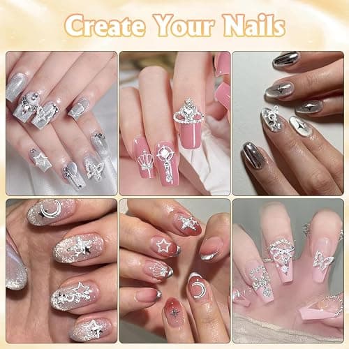 100 Pcs Silver Nail Charms and Gems, Silver Dangle Star Bows Nail Gems Charms, Metal Crown Heart Butterfly Charms for Acrylic Nail Art Alloy Cross Nail Charms for Women DIY Accessories thumbnail 7