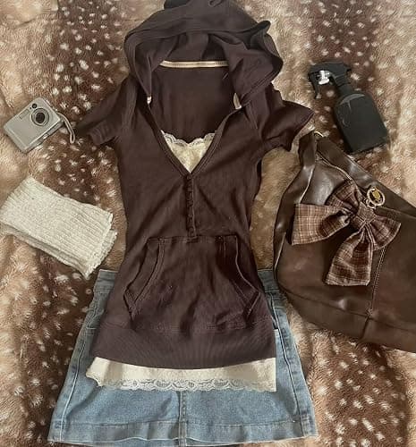 Y2k Pullover Top 2000s Fairy Grunge Henley Vintage Short Sleeve Hoodie | whimsy twee women blouses clothes hoodie thumbnail 4