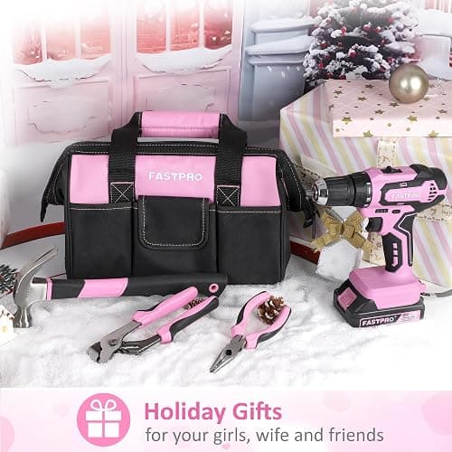 FASTPRO 232-Piece 20V Pink Cordless Lithium-ion Drill Driver and Home Tool Set, Lady's Repairing Kit with 12-Inch Wide Mouth Open Storage Bag thumbnail 2
