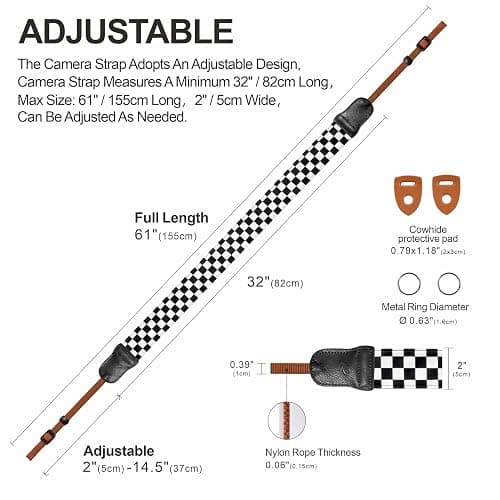 Padwa Lifestyle Black and White Plaid Camera Strap - 2" Wide Double Layer Cowhide Head,Cotton Camera Shoulder Straps,Grid Pattern Adjustable Camera Neck Strap for all Cameras,Gift for Photographers thumbnail 5