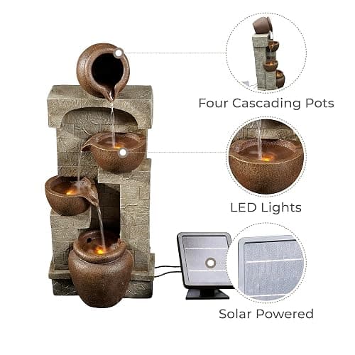 Teamson Home 28 in. Cascading Bowls and Stacked Stones LED Outdoor Water Fountain for Outdoor Living Spaces to Create a Calming Oasis in Gardens and Landscaping, on Patios, Balconies, Lawns, Brown thumbnail 5