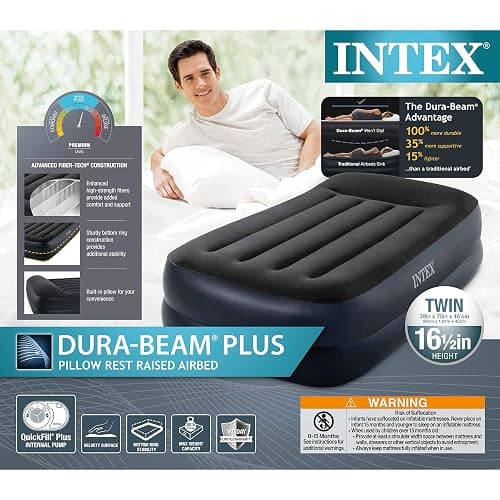 Intex Raised Airbed Mattress with Built-in Pump, Dura-Beam Plus Pillow, Twin - Portable Inflatable Luxury Blow-Up Bed for Adults, Camping, Guests thumbnail 8