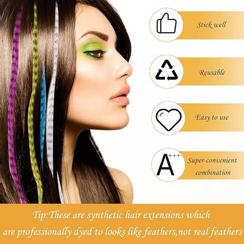 Xinnun 52 Pcs Colored Hair Feathers Extension Kit for Women 13 Colors Long Straight Synthetic Hair Feather 200 Silicone Lined Micro Ring Crochet Hook and Lengthen Remover Plier for Cosplay Party thumbnail 4
