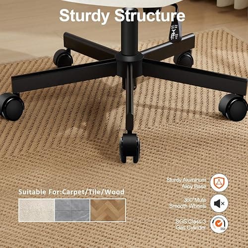 TUKAKA Criss Cross Chair with Wheels,Thick Padded Fabric Cross Legged Office Desk Chair with Pocket Spring Cushion,Dual-Purpose Base,Wide Adjustable Computer Home Office Vanity Chair,Cream White thumbnail 6