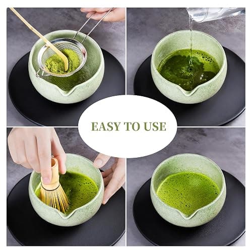YIBO Matcha Whisk Set With Bowl, Ceramic Matcha Making Kit Includes Bamboo Whisk (Chasen), Holder Stand, Powder Starter Sifter, Scoop, Measuring Spoon & Cup Tea Tools For Ceremony (Mottled Green) thumbnail 4