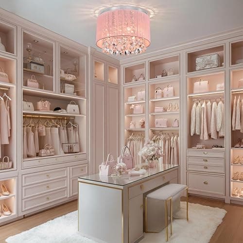 LaLuLa Pink Chandelier Drum Flush Mount Chandelier Crystal Ceiling Light Fixture 3 Light Bedroom Chandelier thumbnail 7