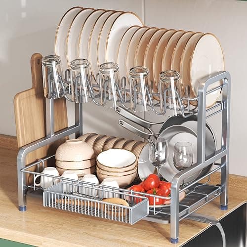 2 Tier Dish Drainers Drying Rack for Kitchen Counter Large Stainless Steel Dishes Drain with Drainboard, Space Saving, Big Modern Silver Countertop Metal Plates Dryer Strainer Holder and Extra Tray - Image 1