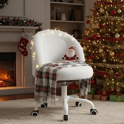 DurayLoly White Vanity Chair with Wheels, Cute Desk Chair with Back, Armless Office Chair Height Adjustable, Soft Lumbar Support for Small Space, Bedroom thumbnail 6