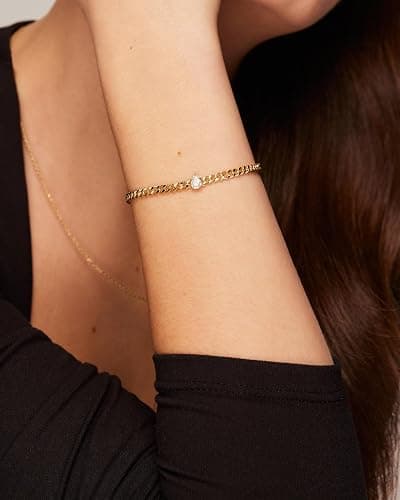 PAVOI 14K Gold Plated Cubic Zirconia Solitaire Diamond Bracelet | Bridesmaid Bracelets | Curb Cable Bracelets for Women thumbnail 2