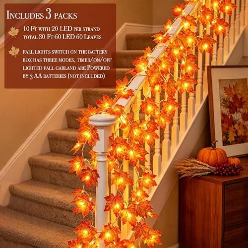 Timer&3 Pack Halloween Fall Decor 30Ft Fall Garland with Lights 60LED | Patented Realistic Maple Leaves Garland Halloween Fall Decorations for Home, Battery Operated Waterproof Thanksgiving Decor thumbnail 8