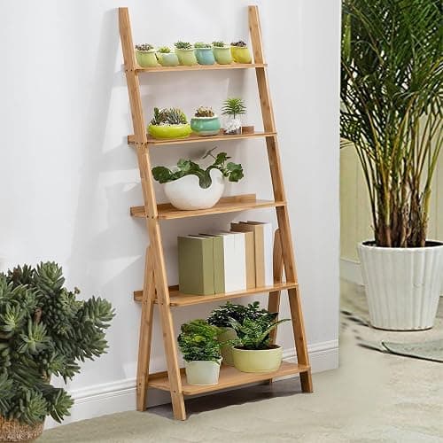 Maydear Bamboo Ladder Shelf Bookcase, 5-Tier Leaning Bookshelf Free Standing Organizer Storage Shelves for Living Room, Bedroom, Kitchen, Home Office, Balcony, Natural Wood thumbnail 6