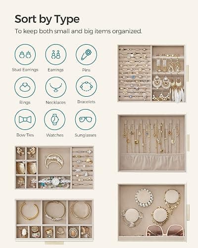 SONGMICS Jewelry Box with Glass Window, 5-Layer Jewelry Organizer with 3 Side Drawers, Jewelry Storage, with Big Mirror, Modern, 6.1 x 10.3 x 12.6 Inches, Cloud White and Metallic Gold UJBC162W01 thumbnail 5